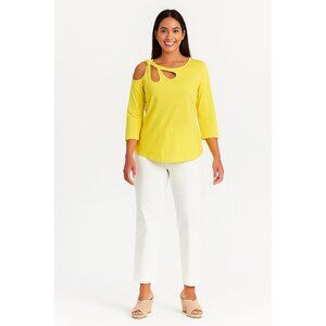 Boston Proper Yellow Cut-Out Top M 3/4 Sleeve Y2K Keyhole Tee Statement Spring